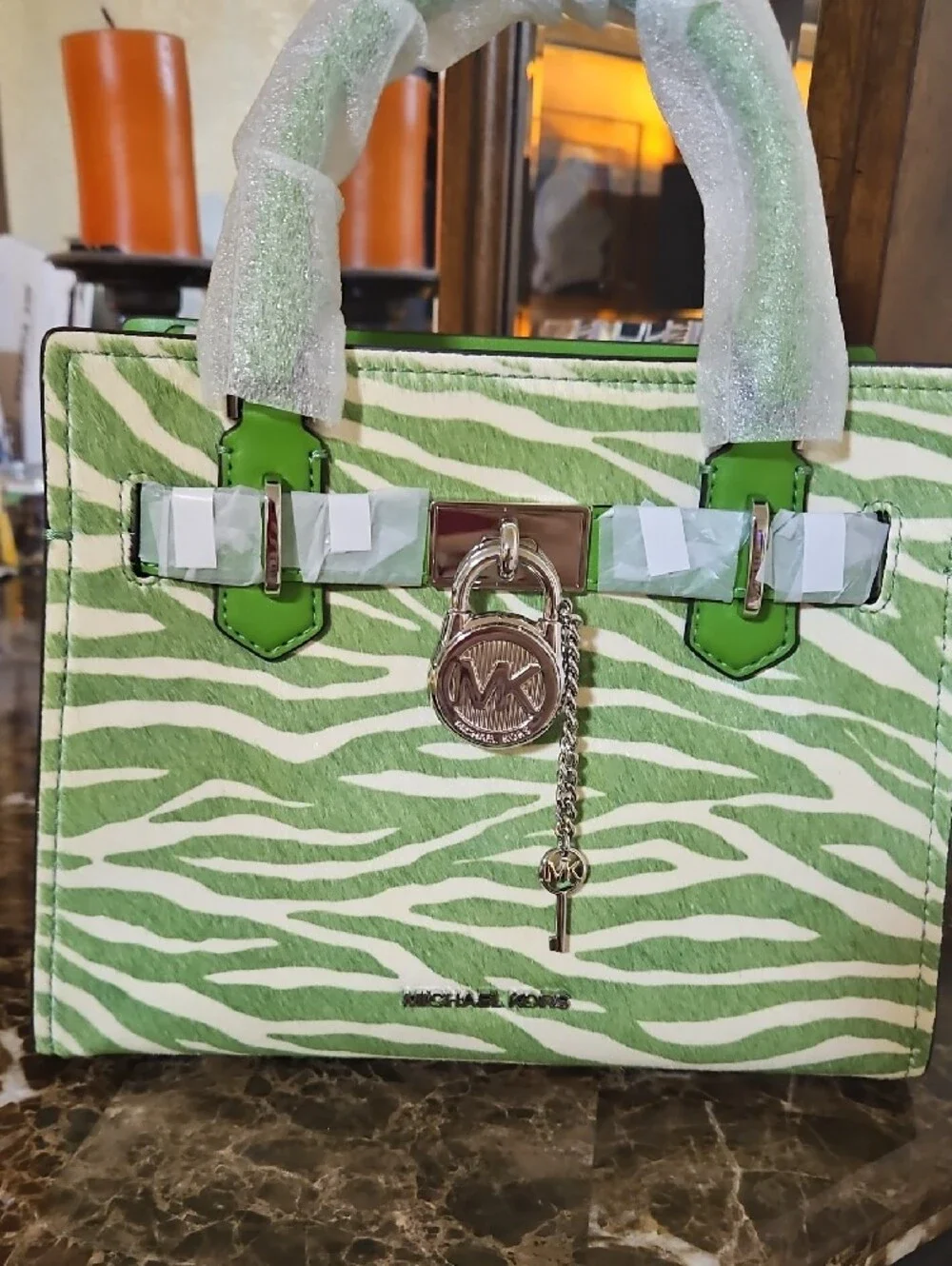 New Michael Kors Green & White Zebra-Print Leather Satchel